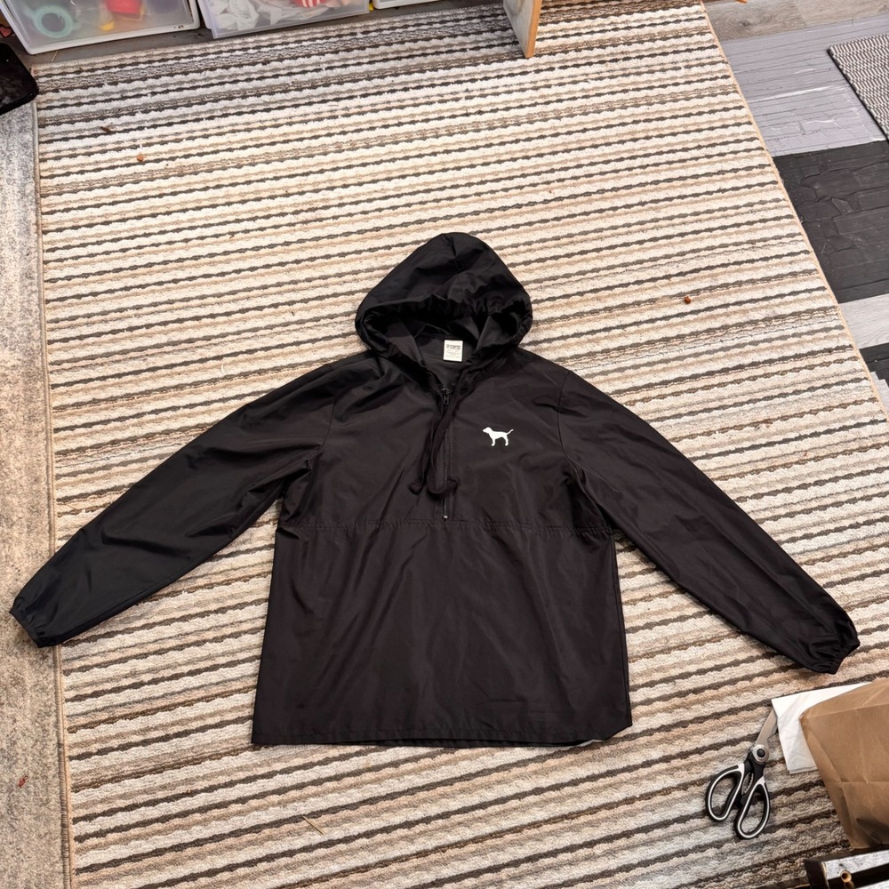 NWOT PINK‎ Victoria's Secret Black Half Zip Windbreaker Light Hooded Jacket XS/S